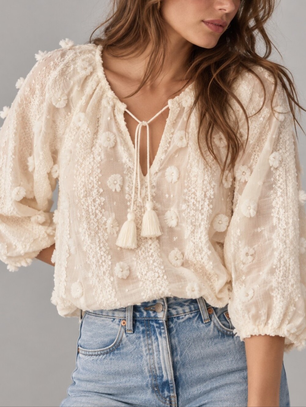 Calypso St Barth Cream Textured Sheer Tassel Tie Blouse Womens Size Medium